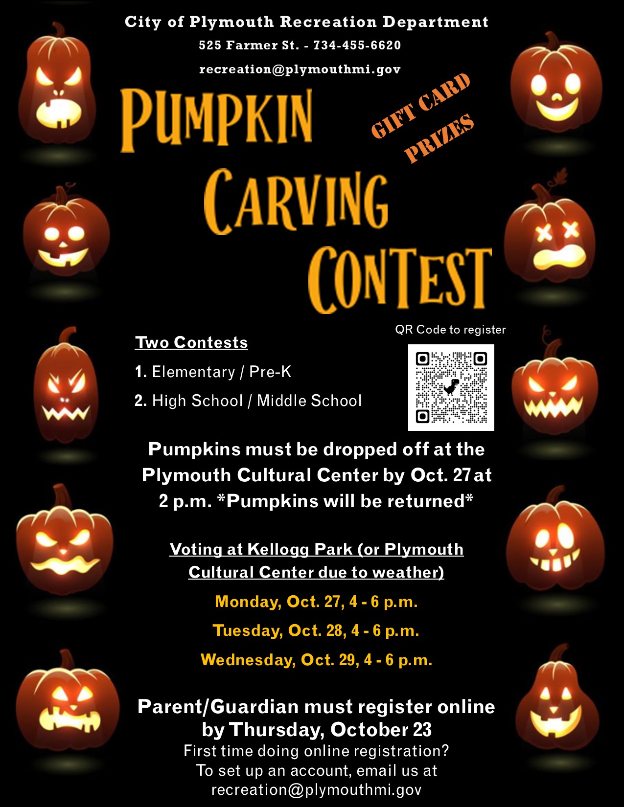 Fresh pumpkins ready for carving — perfect for the Plymouth Cultural Center contest entries.