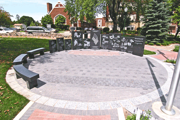 Plymouth Memorial Plaza — honoring veterans at Veterans Memorial Park.